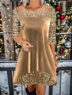 Women's Christmas Dress Velvet Dress Casual Dress Mini Dress Sequins Patchwork Outdoor Christmas Daily Fashion Modern Crew Neck Long Sleeve 2023 Regular Fit Wine Gold Color S M L XL XXL Size