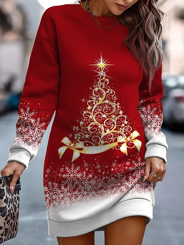 Women‘s Christmas Casual Dress Sweatshirt Dress Mini Dress Warm Fashion Outdoor Holiday Crew Neck Print Tree Loose Fit Burgundy Blue Brown S M L XL XXL 2 Women‘s Christmas Casual Dress Sweatshirt Dress Mini Dress Warm Fashion Outdoor Holiday Crew Neck Print Tree Loose Fit Burgundy Blue Brown S M L XL XXL - Image 2