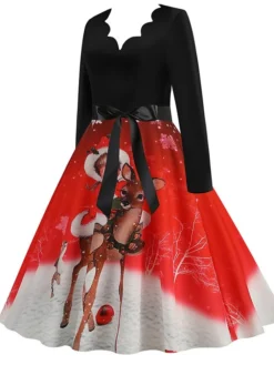 Women's Christmas Casual Dress Swing Dress Midi Dress Green Wine Light Red Fuchsia Red Long Sleeve Santa Claus Elk Bow Print Winter Fall V Neck Vacation Vintage 2022 S M L XL XXL 3XL -Fashion Life Shop mudkvh1666761908809