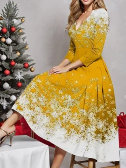 Women's Casual Dress Christmas Dress Winter Dress Snowflake Print V Neck Midi Dress Fashion Streetwear Outdoor Christmas 3/4 Length Sleeve Regular Fit Yellow Red Blue Fall Winter S M L XL XXL -Fashion Life Shop mugbag1697521383108