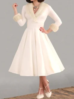 Women's Christmas Swing Dress Vintage Dress Midi Dress Red White Long Sleeve Pure Color Patchwork Winter Fall V Neck Vintage Stylish Elegant Fall Dress 2022 S M L XL XXL / Winter Dress -Fashion Life Shop munmwj1667543574524