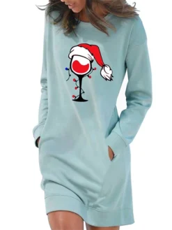 Women‘s Christmas Hoodie Dress Winter Dress Light Blue Grey White Long Sleeve Hat Pocket Print Winter Fall Crew Neck Stylish Casual Fall Dress Loose Fit 2022 S M L XL 2XL / Cotton -Fashion Life Shop mvqlwu1666175053095