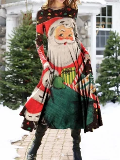 Women's Christmas Casual Dress Swing Dress Midi Dress Red Long Sleeve Santa Claus Pocket Winter Fall Autumn Fashion Daily Weekend 2022 S M L XL XXL 3XL