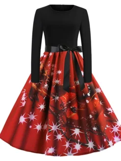 Women's Christmas Swing DressKnee Length Dress Green Blue Purple Red Long Sleeve Print Snowflake Bow Print Fall Winter Crew Neck Stylish 2022 S M L XL 2XL
