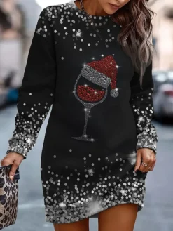 Women‘s Christmas Casual Dress Sweatshirt Dress Mini Dress Warm Fashion Outdoor Holiday Crew Neck Print Snowman Hat Loose Fit Black Burgundy Green S M L XL XXL