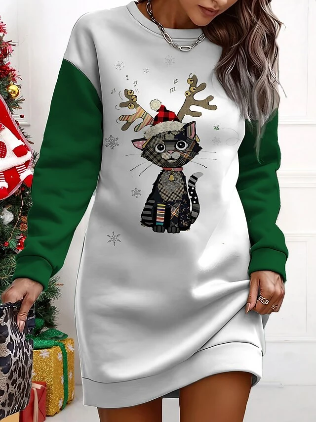 Women's Christmas Casual Dress Sweatshirt Dress Mini Dress Warm Fashion OutdoorVacation Crew Neck Print Animal Loose Fit Black Green S M L XL XXL 1 Women's Christmas Casual Dress Sweatshirt Dress Mini Dress Warm Fashion OutdoorVacation Crew Neck Print Animal Loose Fit Black Green S M L XL XXL