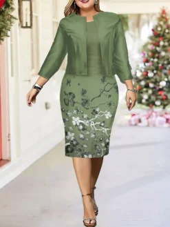 Women's Christmas Plus Size Curve Casual Dress Dress Set Two Piece Dress Floral Midi Dress Long Sleeve Print Crew Neck Fashion Outdoor Blue Purple Fall Winter L XL XXL 3XL 4XL