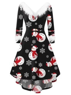 Women's Christmas Casual Dress Swing Dress Light Pink Wine Red White Black Long Sleeve Elk SnowmanTree Feather Print Winter Fall V Neck Vintage ElegantFall Dress 2022 S M L XL XXL -Fashion Life Shop mwlgem1666003300635