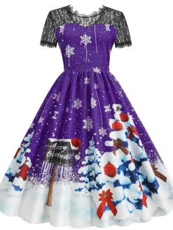 Women's Christmas Casual Dress Swing Dress Midi Dress Blue Purple Red Short Sleeve Tree Lace Print Winter Fall Crew Neck Vacation Vintage 2022 S M L XL XXL 3XL -Fashion Life Shop mxfzlk1666597243236
