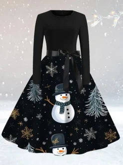 Women's Casual Dress Christmas Dress Sheath Dress Santa Claus Christmas Tree Lace Up Print Crew Neck Midi Dress Active Fashion Outdoor Christmas Long Sleeve Loose Fit Light Yellow Yellow Red Fall S M