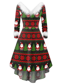 Women's Christmas Swing Dress Vintage Dress Midi Dress Green Silver Wine Red Brown White Long Sleeve Print Plus High Low Print Winter Fall V Neck Vintage Romantic Traditional 2022 S M L XL 2XL -Fashion Life Shop mxzjsr1666768628614