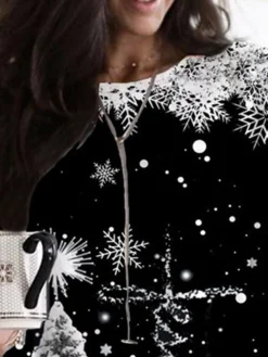 Women's Christmas Casual Dress T Shirt Dress Tee Dress Mini Dress Black Long Sleeve Snowman Snowflake Pocket Print Winter Fall Crew Neck Vacation Casual 2022 S M L XL XXL 3XL -Fashion Life Shop mycjyu1667286756741