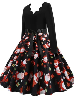 Women's Christmas Retro 1950s Vintage Dress Midi Dress Party Ruched Bow Fruit V Neck Long Sleeve Regular Fit Fall Winter 2023 Deep Green Black S M L XL -Fashion Life Shop mynjaw1695363824252