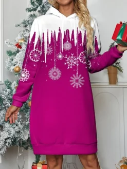Women's Casual Dress Hoodie Dress Mini Dress Warm Fashion Outdoor Christmas Holiday Hoodie Print Snowflake Loose Fit Red Navy Blue Blue S M L XL XXL -Fashion Life Shop mzcydw1696733285186