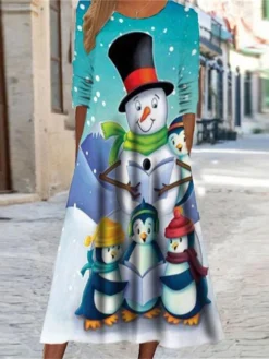 Women's Christmas Casual Dress Swing Dress Midi Dress Midi Dress Black Blue Navy Blue Half Sleeve Snowman Pocket Winter Fall Autumn Round Neck Fashion Christmas Daily 2022 S M L XL XXL 3XL -Fashion Life Shop mzpiak1667815774687