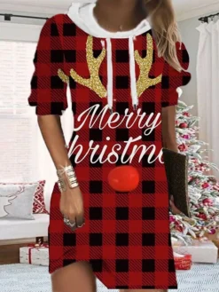 Women's Christmas Hoodie Dress Shift Dress Mini Dress Gold Wine Light Red Long Sleeve Plaid Print Fall Spring Autumn Hooded Fashion Christmas Daily Loose Fit 2022 S M L XL XXL 3XL -Fashion Life Shop mzrldf1667562220223