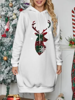 Women's Christmas Dress Hoodie Dress Mini Dress Warm Fashion Outdoor Christmas Holiday Hoodie Print Reindeer Snowflake Loose Fit Black White Wine S M L XL XXL -Fashion Life Shop nafgkz1697633974050