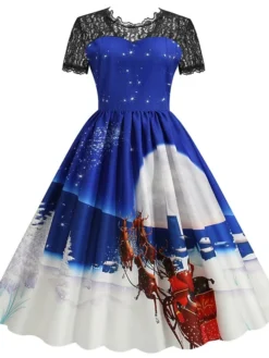 Women's Christmas Casual Dress Swing Dress Midi Dress Blue Purple Red Short Sleeve Elk Print Lace Print Winter Fall Crew Neck Vacation Vintage 2022 S M L XL XXL 3XL