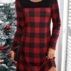 Women's Casual Dress Christmas Dress T Shirt Dress Tee Dress Plaid Print V Neck Mini Dress Fashion Streetwear Outdoor Christmas Long Sleeve Loose Fit Red Green Gray Fall S M L XL XXL