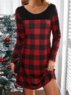 Women's Casual Dress Christmas Dress T Shirt Dress Tee Dress Plaid Print V Neck Mini Dress Fashion Streetwear Outdoor Christmas Long Sleeve Loose Fit Red Green Gray Fall S M L XL XXL