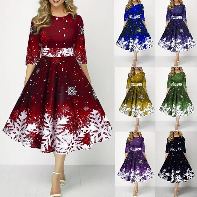 Women's Christmas Skater Dress Print DressMidi Dress Green Purple Dark Red Dark Blue Black 3/4 Length Sleeve Print Snowflake Patchwork Print Fall Winter Crew Neck Fashion Party 2022 S M L XL 2XL 3XL 1 Women's Christmas Skater Dress Print DressMidi Dress Green Purple Dark Red Dark Blue Black 3/4 Length Sleeve Print Snowflake Patchwork Print Fall Winter Crew Neck Fashion Party 2022 S M L XL 2XL 3XL