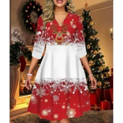 Women's Christmas Print Dress Green Blue Purple Red Black Long Sleeve Elk Snowman Tree Print Winter Autumn V Neck Fashion Casual Fall Dress Loose Fit 2022 S M L XL 2XL 3XL 4XL 5XL 6XL -Fashion Life Shop ncgonr1666064458829