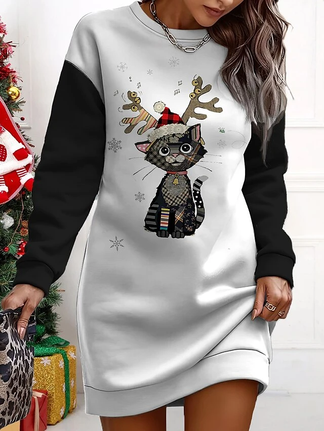 Women's Christmas Casual Dress Sweatshirt Dress Mini Dress Warm Fashion OutdoorVacation Crew Neck Print Animal Loose Fit Black Green S M L XL XXL 2 Women's Christmas Casual Dress Sweatshirt Dress Mini Dress Warm Fashion OutdoorVacation Crew Neck Print Animal Loose Fit Black Green S M L XL XXL - Image 2