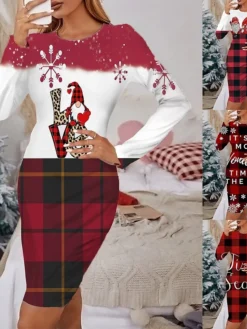 Women's Christmas Casual Dress Print Dress Wine Light Red Red Gray White Long Sleeve ElkTree Snowflake Print Winter Autumn Crew Neck Fashion Casual Fall Dress 2022 S M L XL 2XL 3XL 4XL 5XL 6XL