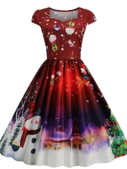 Women's Christmas Swing Dress Vintage DressKnee Length Dress Blue Wine Red Light BlueShort Sleeve Santa Claus Snowman Tree Print Fall Winter Square Neck Vintage Elegant Slim 2022 S M L XL 27 Women's Christmas Swing Dress Vintage DressKnee Length Dress Blue Wine Red Light BlueShort Sleeve Santa Claus Snowman Tree Print Fall Winter Square Neck Vintage Elegant Slim 2022 S M L XL -Fashion Life Shop ndygae1665475227897