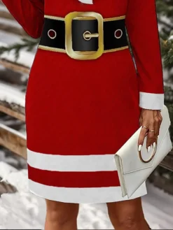 Women's Christmas Dress Casual Dress Mini Dress Active Fashion Outdoor Christmas Holiday Crew Neck Print Santa Claus Loose Fit Wine S M L XL XXL -Fashion Life Shop neabpl1697106829807