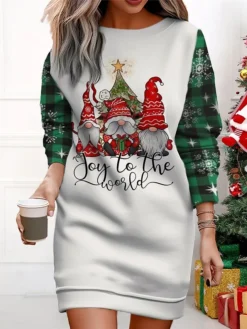 Women's Christmas Casual Dress Sweatshirt Dress Mini Dress Warm Fashion Outdoor Vacation Crew Neck Print Santa Claus Christmas Tree Loose Fit ArmyGreen Wine Rusty Red S M L XL XXL -Fashion Life Shop negjli1695365439497