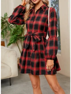 Women's Casual Dress Christmas Dress Shirt Dress Plaid Belted V Neck Mini Dress Fashion Elegant Christmas Daily Long Sleeve Red Summer Spring S M L XL 2XL -Fashion Life Shop nfeewz1691062980610