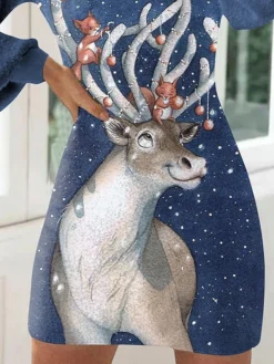 Women's Casual Dress Christmas Dress Winter Dress Reindeer Print Turtleneck Mini Dress Fashion Streetwear Outdoor Christmas Long Sleeve Loose Fit Blue Fall Winter S M L XL XXL -Fashion Life Shop nfkqnz1697539240877
