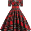 Women's Christmas Swing Dress Midi Dress Black Blue Red Short Sleeve Plaid Print Winter Fall Autumn V Neck 2022 S M L XL 2XL