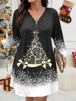 Women's Plus Size Curve Christmas Dress Casual Dress Winter Dress Christmas Tree Snowflake Mini Dress Long Sleeve Print V Neck Fashion Outdoor Black Wine Fall Winter L XL 2XL 3XL 4XL -Fashion Life Shop nhczzu1697799819541