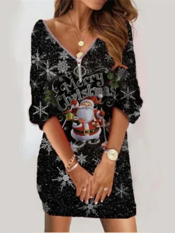 Women‘s Christmas Sweatshirt Dress Winter Dress Short Mini Dress Yellow Gold Red White Black Long Sleeve Cat Santa Claus Elk Zipper Print Fall V Neck Vacation Casual Loose Fit 2022 S M L XL XXL -Fashion Life Shop niehid1664281870641