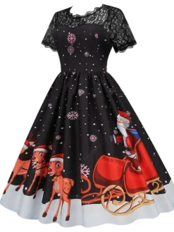 Women's Christmas Casual Dress Swing Dress Midi Dress Green Wine Light Red Fuchsia Red Black Short Sleeve Santa Claus Snowman Snowflake Lace Print Winter Fall Crew Neck Vacation Vintage 2022 S M L XL -Fashion Life Shop nigmgj1666761922891