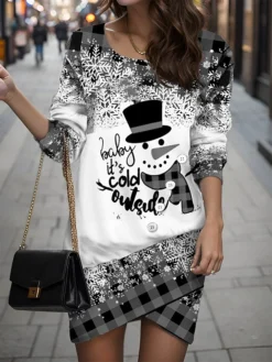 Women's Casual Dress Sweatshirt Dress Mini Dress Warm Fashion Outdoor Christmas Vacation Crew Neck Print Snowman Snowflake Loose Fit Red Blue Orange S M L XL XXL -Fashion Life Shop niknvf1696757408951