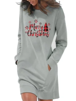 Women‘s Christmas Hoodie Dress Winter Dress Light Blue Grey White Long Sleeve Letter Tree Snowflake Pocket Print Winter Fall Crew Neck Stylish Casual 2022 S M L XL 2XL / Cotton -Fashion Life Shop njozdg1666603409478