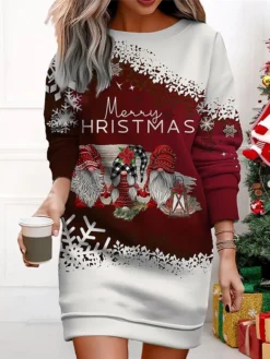 Women's Christmas Casual Dress Sweatshirt Dress Mini Dress Warm Fashion OutdoorVacation Crew Neck Print Geometric Santa ClausTree Loose Fit Black White Wine S M L XL XXL