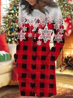 Women's Christmas Casual Dress Sweatshirt Dress Mini Dress Warm Fashion OutdoorHoliday Crew Neck Pocket Print Geometric Loose Fit Wine Blue Green S M L XL XXL