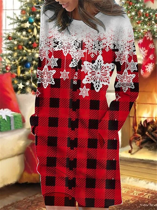 Women's Christmas Casual Dress Sweatshirt Dress Mini Dress Warm Fashion OutdoorHoliday Crew Neck Pocket Print Geometric Loose Fit Wine Blue Green S M L XL XXL 1 Women's Christmas Casual Dress Sweatshirt Dress Mini Dress Warm Fashion OutdoorHoliday Crew Neck Pocket Print Geometric Loose Fit Wine Blue Green S M L XL XXL