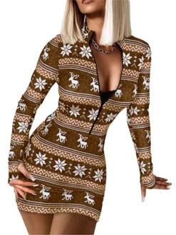 Women's Christmas Casual Dress BodyconShort Mini Dress Dark Blue Red Brown Long Sleeve Geometric Elk Snowflake Zipper Print Fall Winter Stand Collar Casual Sexy 2022 S M L XL XXL 3XL -Fashion Life Shop nkcacj1663726282494