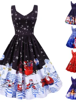 Women's Christmas Knee Length Dress Purple Black Red Navy Blue Light Blue Sleeveless Print Bow Print Fall Winter V Neck Casual Vintage2021 S M L XL XXL