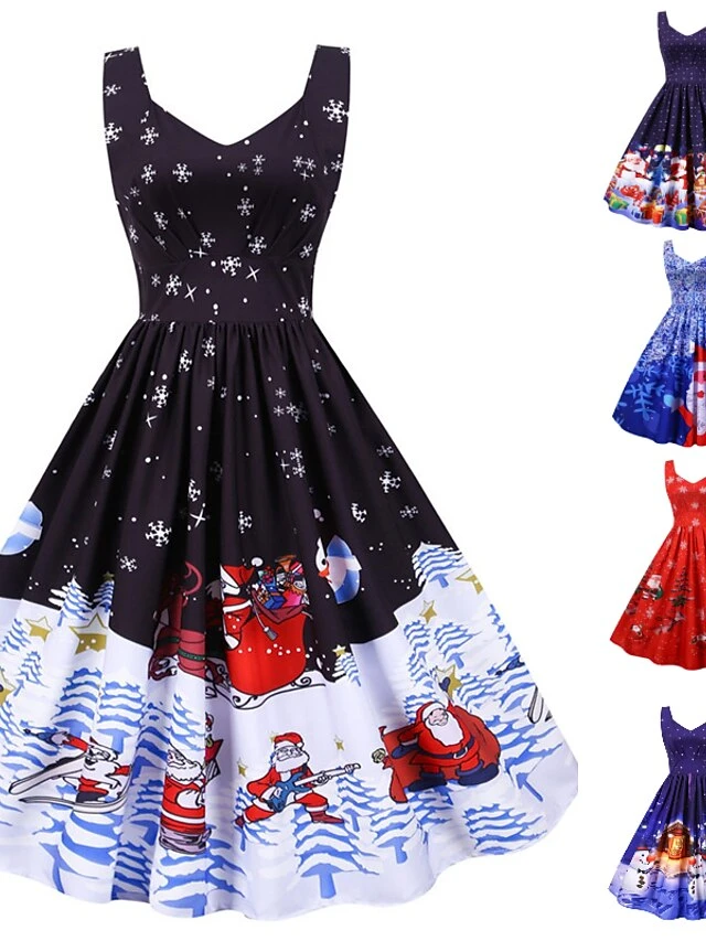 Women's Christmas Knee Length Dress Purple Black Red Navy Blue Light Blue Sleeveless Print Bow Print Fall Winter V Neck Casual Vintage2021 S M L XL XXL 1 Women's Christmas Knee Length Dress Purple Black Red Navy Blue Light Blue Sleeveless Print Bow Print Fall Winter V Neck Casual Vintage2021 S M L XL XXL