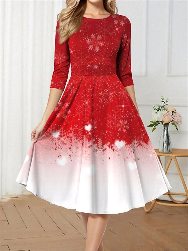 Women's Retro 1950s Vintage Dress Midi Dress Christmas Daily Print Snowflake Crew Neck 3/4 Length Sleeve Slim Spring Fall 2023 Wine Blue S M L XL 1 Women's Retro 1950s Vintage Dress Midi Dress Christmas Daily Print Snowflake Crew Neck 3/4 Length Sleeve Slim Spring Fall 2023 Wine Blue S M L XL