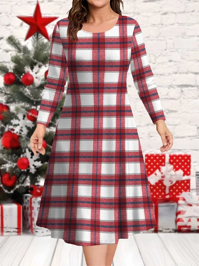 Women's Christmas Plus Size Curve Casual Dress Skater Dress A Line Dress Plaid Midi Dress Long Sleeve Print Crew Neck Fashion Outdoor Wine Fall Winter L XL XXL 3XL 4XL 1 Women's Christmas Plus Size Curve Casual Dress Skater Dress A Line Dress Plaid Midi Dress Long Sleeve Print Crew Neck Fashion Outdoor Wine Fall Winter L XL XXL 3XL 4XL