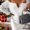 Women's Winter Dress Christmas Dress Sheath Dress Mini Dress Lace Cold Shoulder Christmas Street Daily Fashion Streetwear V Neck Long Sleeve 2023 Regular Fit White Color S M L XL XXL Size