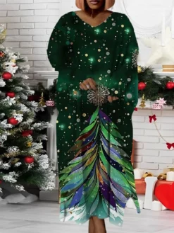 Women‘s Plus Size Christmas Dress Santa Claus V Neck Long Sleeve Winter Fall Modern Maxi Long Dress Daily Dress -Fashion Life Shop nlkqme1668158361785