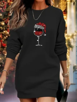 Women's Casual Dress Sweatshirt Dress Winter Dress Christmas Hat Print Crew Neck Mini Dress Fashion Streetwear Outdoor Christmas Long Sleeve Loose Fit Black Gray Fall Winter S M L XL XXL
